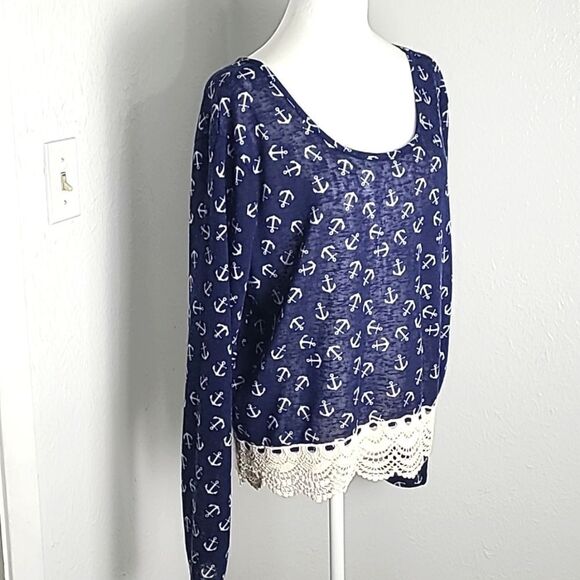 Rue21 Navy Blue Top with White Anchors Print, Embroidered Hemline, Size XL - Picture 2 of 8